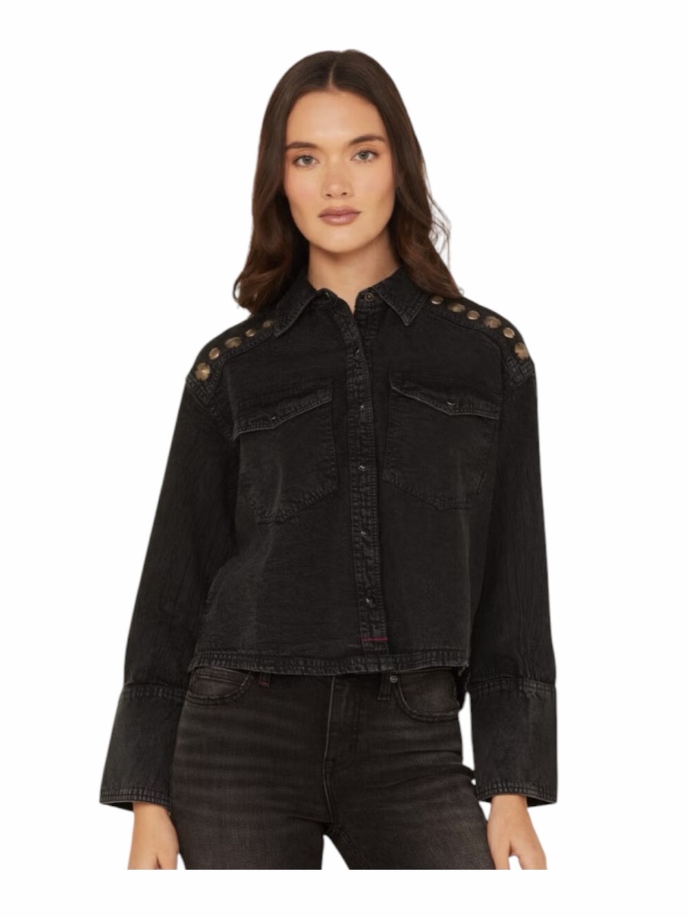 Washed Black Denim Button-Up Jacket/Shirt with Gold Coin Detail